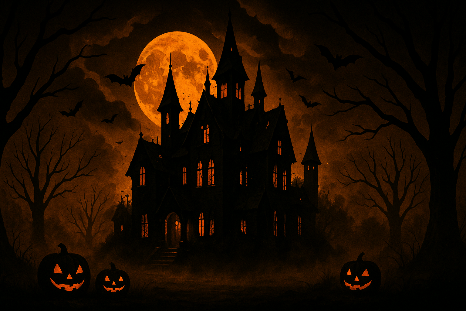 make a spooky cover image with mansion minimum of 1920 x 1080 pixels use #FF7518 and #0b0b0b